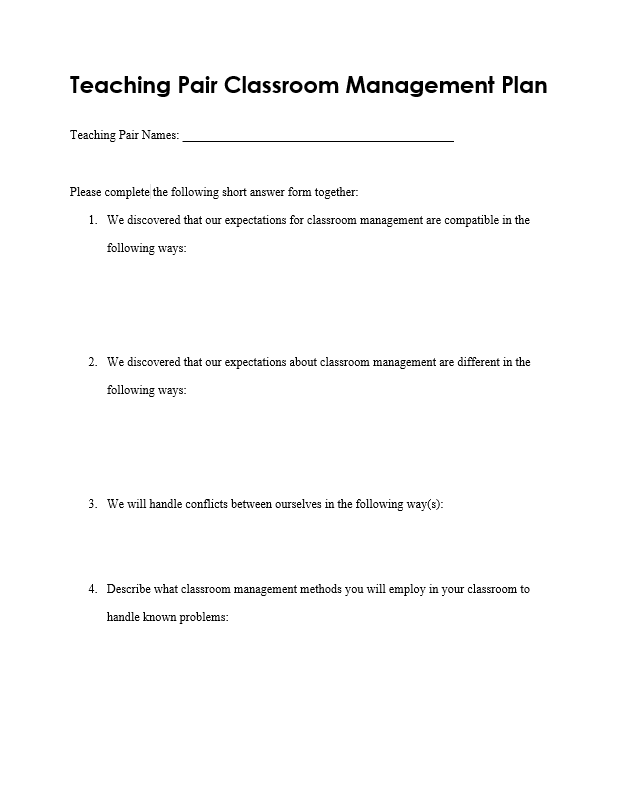 TeachingPairClassroomManagementPlan 1 Instructor's Manual, Section E: Lesson Plans